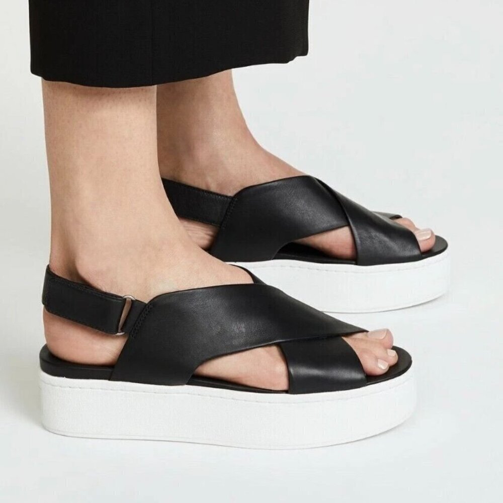 Vince Black Leather Platform Sandals Women’s Adjustable Strap Casual Shoes 9.5